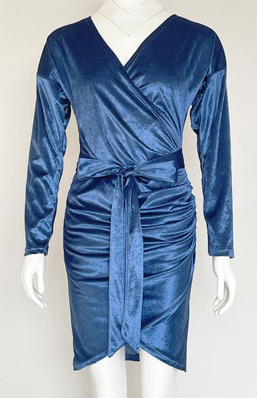 Womens Sexy Velvet V Neck Slim Fit Long Sleeved Dress SIZE S-3XL