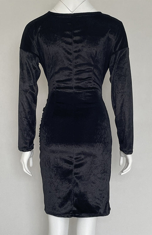 Womens Sexy Velvet V Neck Slim Fit Long Sleeved Dress SIZE S-3XL