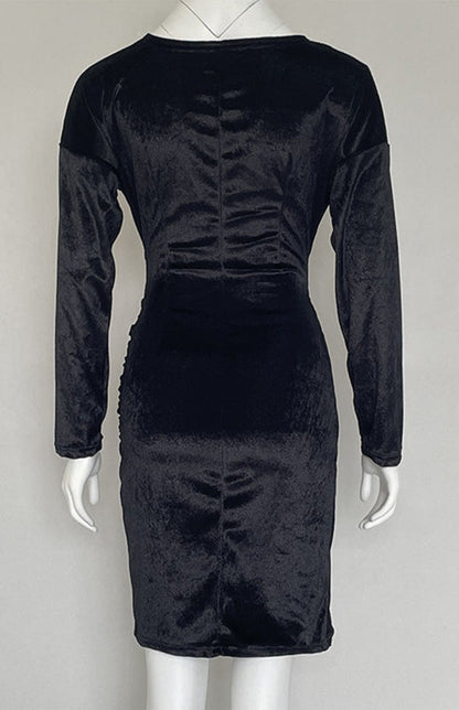 Womens Sexy Velvet V Neck Slim Fit Long Sleeved Dress SIZE S-3XL