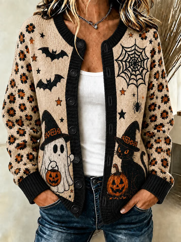 Women Cat Long Sleeve Comfy Vintage Printing Cardigan