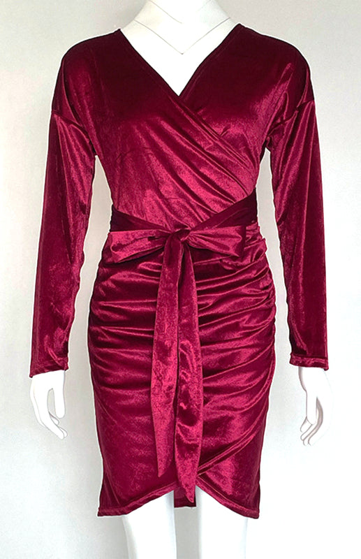 Womens Sexy Velvet V Neck Slim Fit Long Sleeved Dress SIZE S-3XL