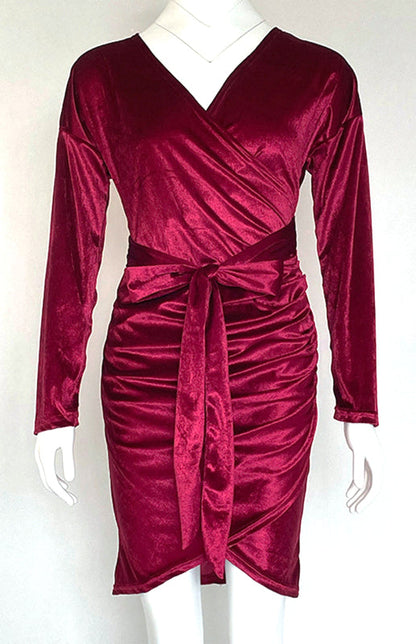Womens Sexy Velvet V Neck Slim Fit Long Sleeved Dress SIZE S-3XL