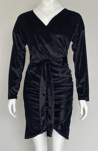 Womens Sexy Velvet V Neck Slim Fit Long Sleeved Dress SIZE S-3XL