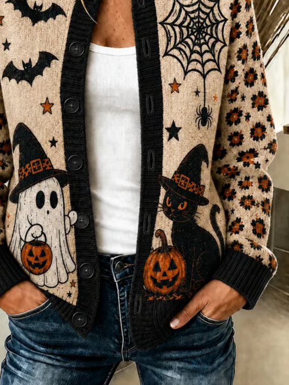 Women Cat Long Sleeve Comfy Vintage Printing Cardigan