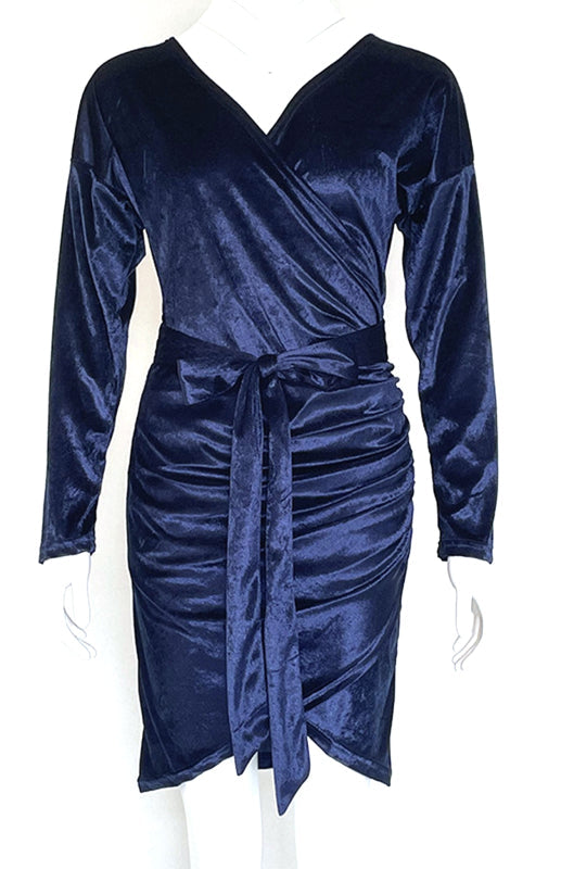 Womens Sexy Velvet V Neck Slim Fit Long Sleeved Dress SIZE S-3XL