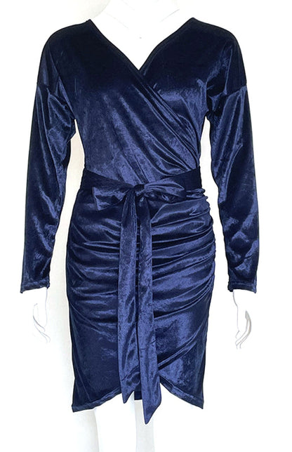 Womens Sexy Velvet V Neck Slim Fit Long Sleeved Dress SIZE S-3XL