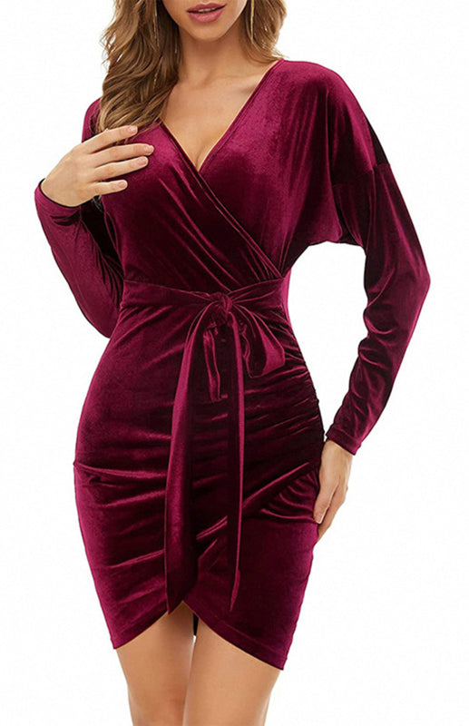 Womens Sexy Velvet V Neck Slim Fit Long Sleeved Dress SIZE S-3XL