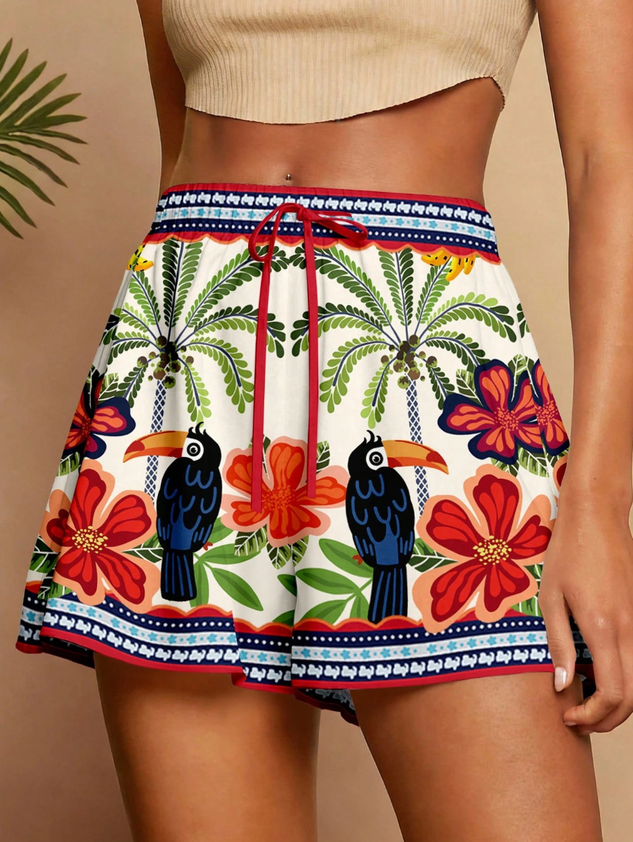 Casual Floral Mid Waist Straight Pants Shorts