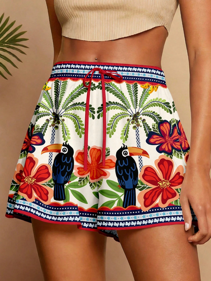 Casual Floral Mid Waist Straight Pants Shorts