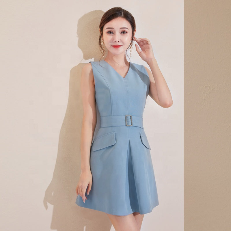 Blue V-neck Sleeveless Belt Casual Mini Dress