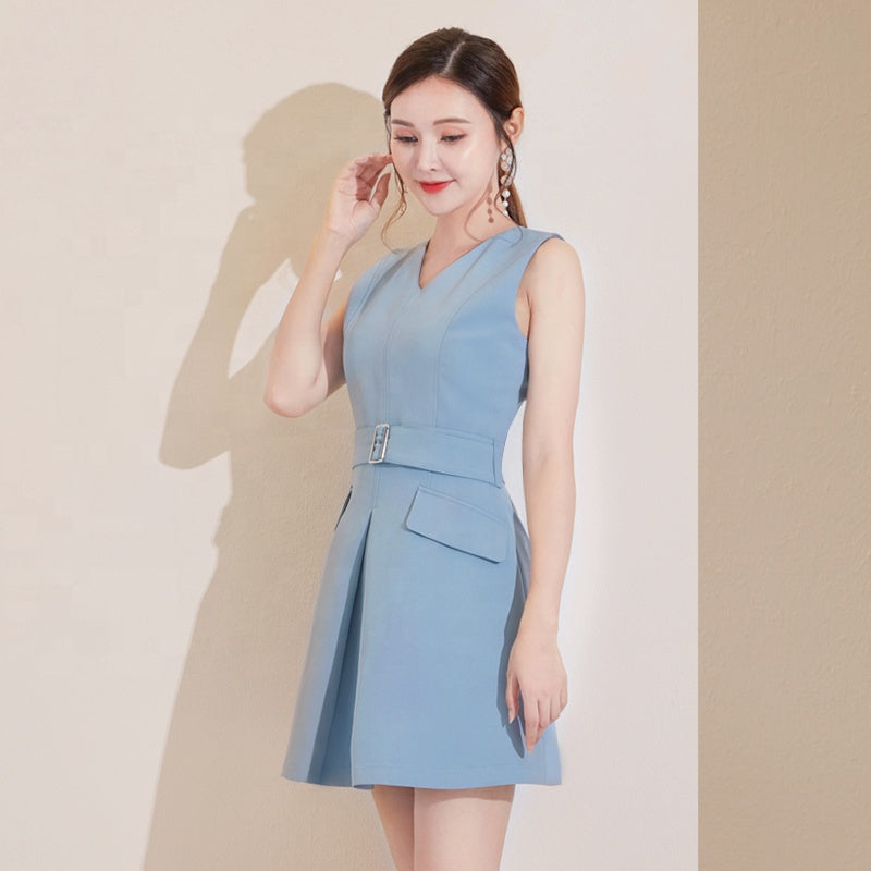 Blue V-neck Sleeveless Belt Casual Mini Dress