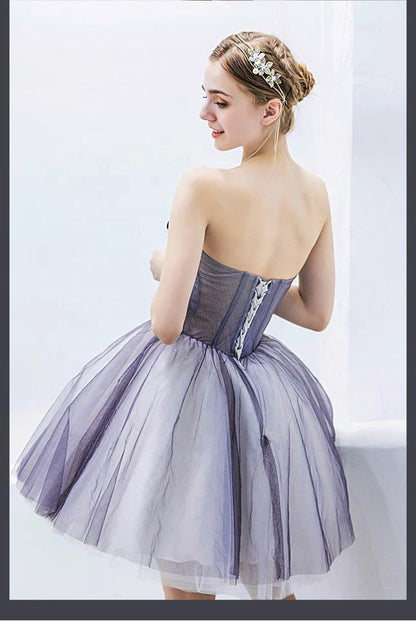 Purple Short Puffy Tulle Wedding Bridesmaid Dress