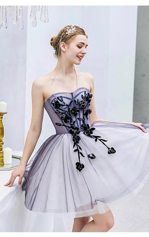 Purple Short Puffy Tulle Wedding Bridesmaid Dress
