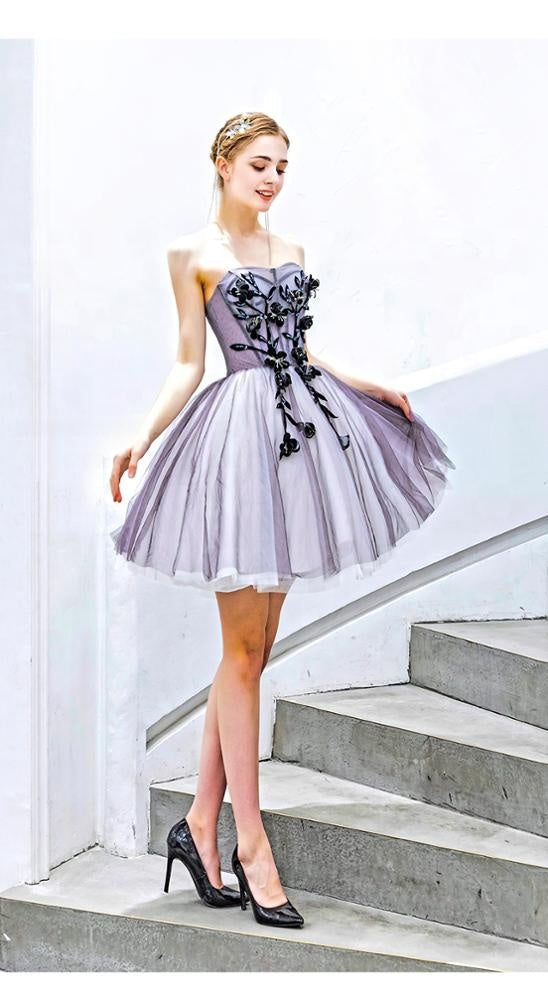 Purple Short Puffy Tulle Wedding Bridesmaid Dress