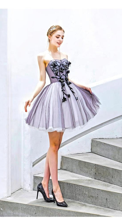 Purple Short Puffy Tulle Wedding Bridesmaid Dress