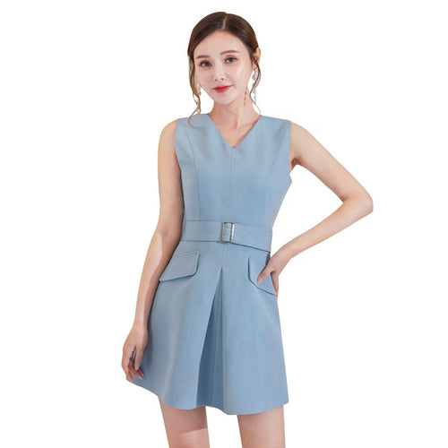 Blue V-neck Sleeveless Belt Casual Mini Dress