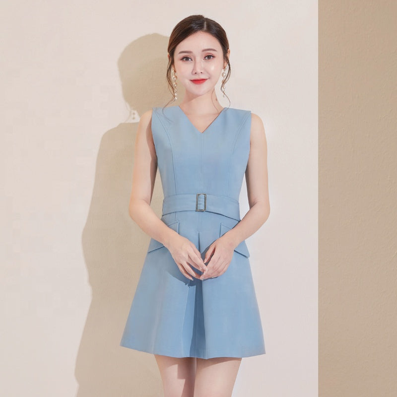Blue V-neck Sleeveless Belt Casual Mini Dress