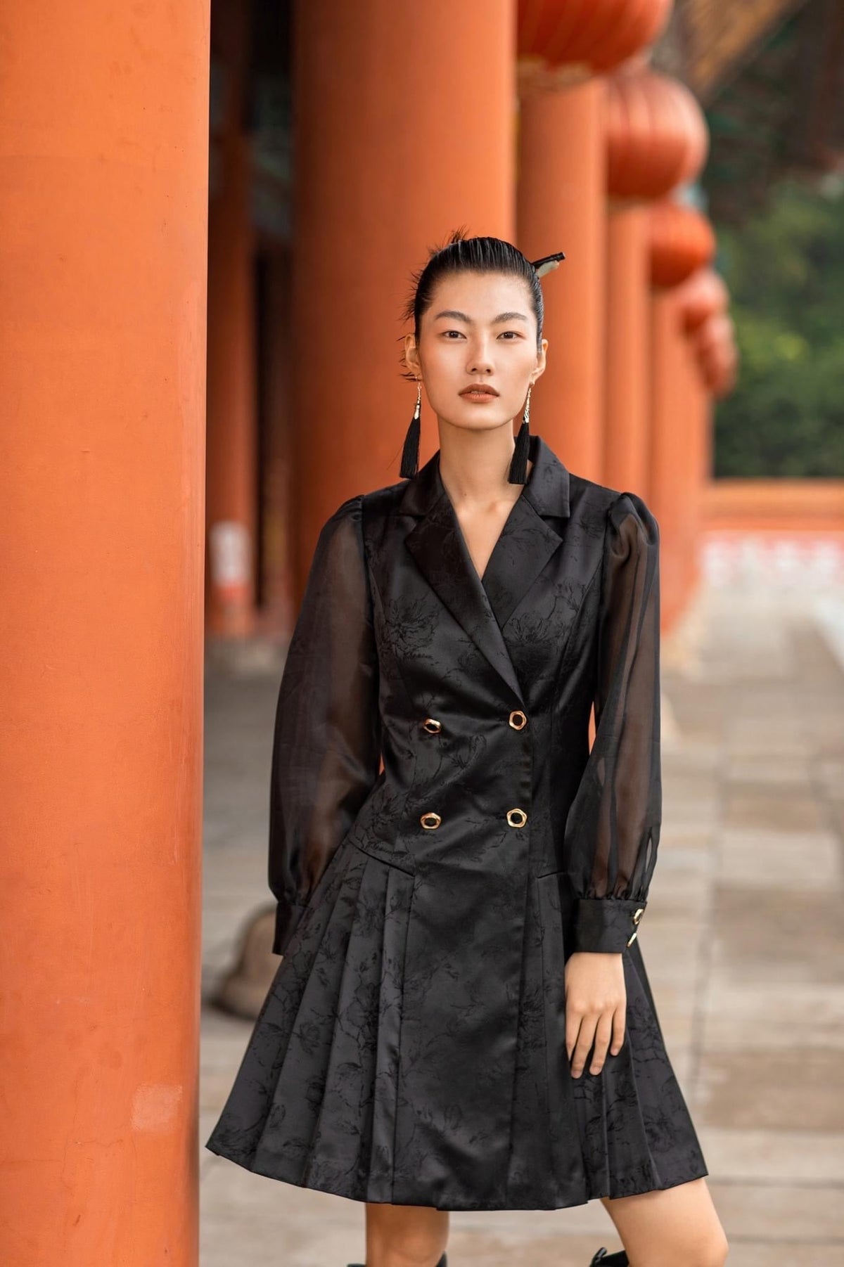 Black Chic Jacquard With Chiffon Sleeve Shirt Dress