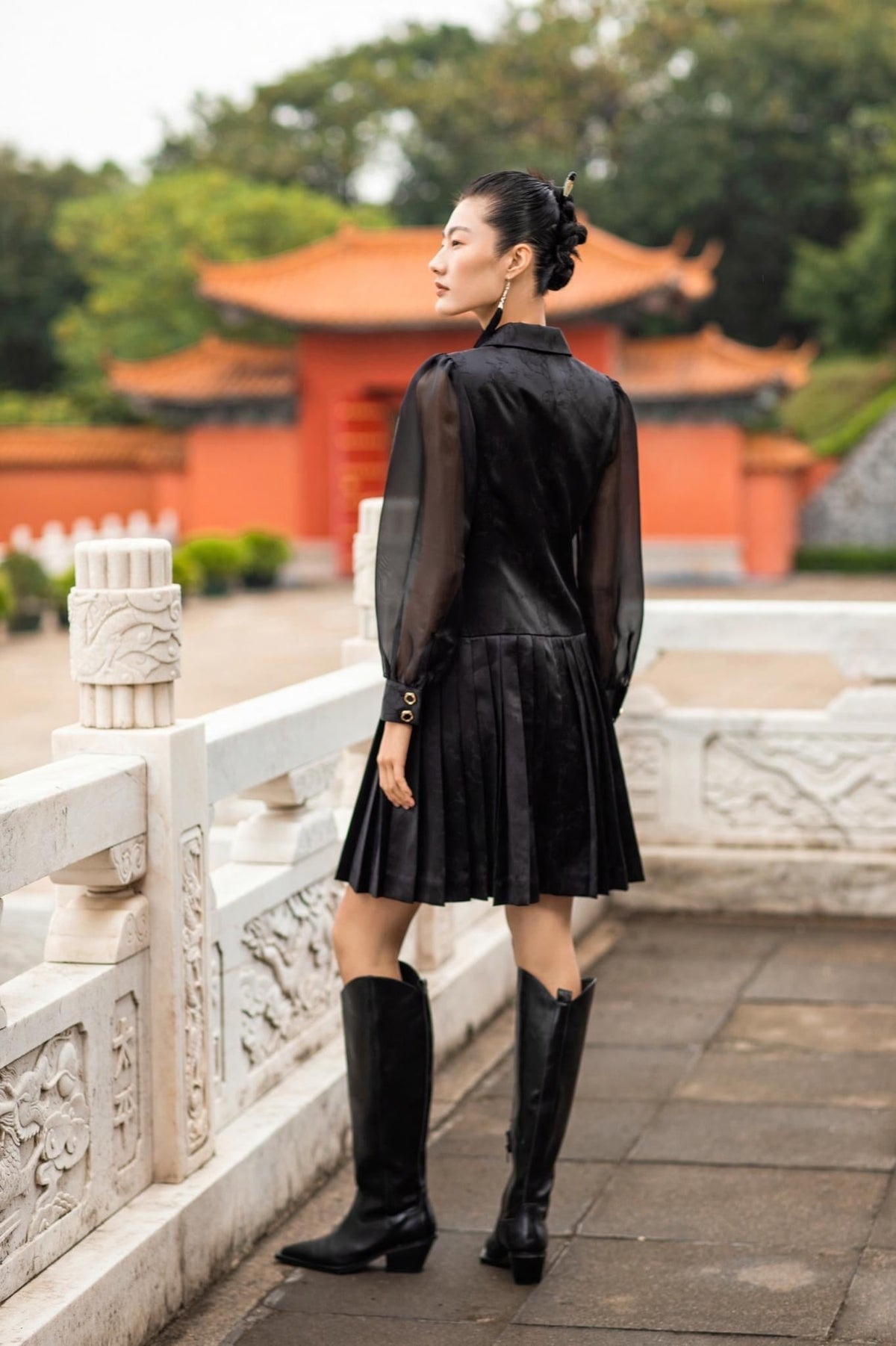 Black Chic Jacquard With Chiffon Sleeve Shirt Dress