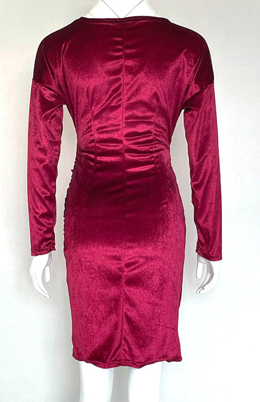 Womens Sexy Velvet V Neck Slim Fit Long Sleeved Dress SIZE S-3XL