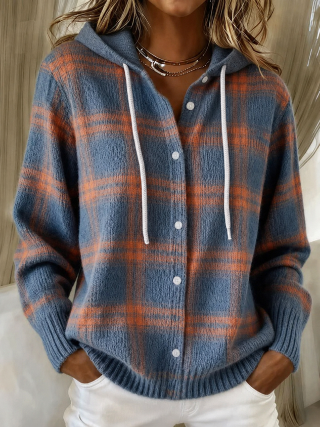 Plaid Casual Hoodie Regular Fit Knit Top