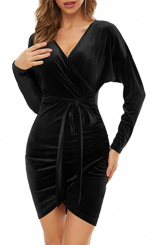 Womens Sexy Velvet V Neck Slim Fit Long Sleeved Dress SIZE S-3XL