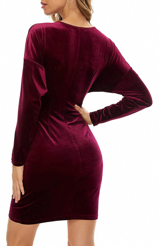 Womens Sexy Velvet V Neck Slim Fit Long Sleeved Dress SIZE S-3XL