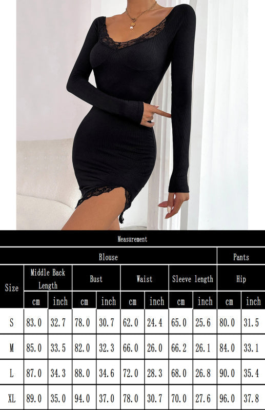 Womens Casual Lace Trim Long Sleeve Hip Dress SIZE S-XL