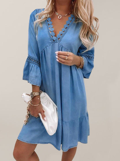 Womens V Neck Paneled Bohemian Dress SIZE S-3XL