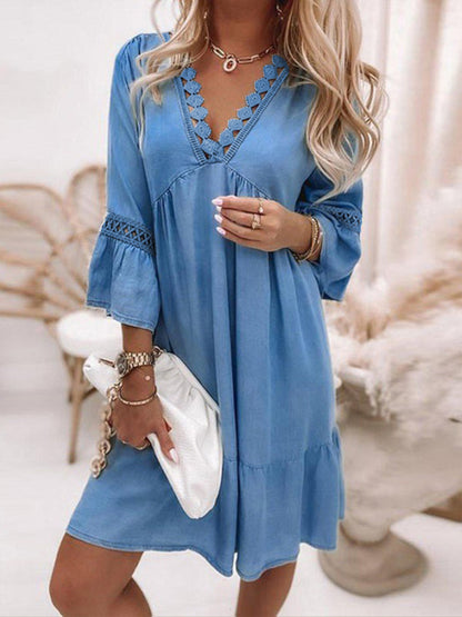 Womens V Neck Paneled Bohemian Dress SIZE S-3XL
