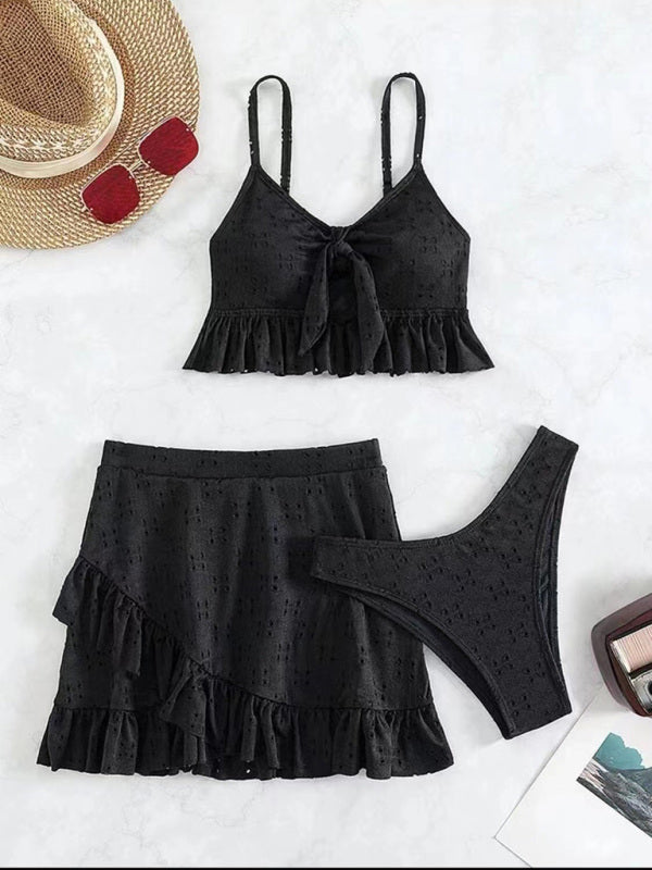 Womens Tie Front With Ruffle Hem Mini Skirt 3 Piece Set SIZE S-XL