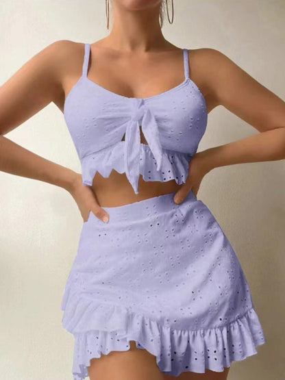 Womens Tie Front With Ruffle Hem Mini Skirt 3 Piece Set SIZE S-XL