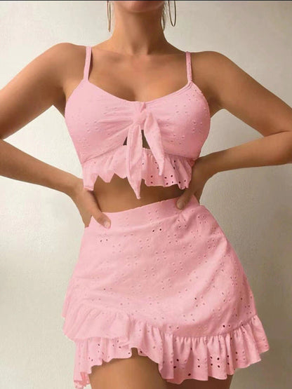 Womens Tie Front With Ruffle Hem Mini Skirt 3 Piece Set SIZE S-XL
