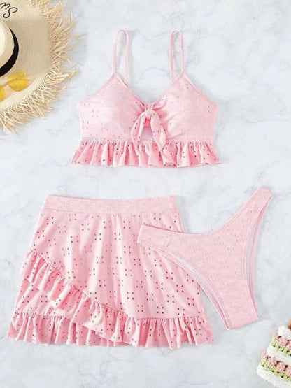 Womens Tie Front With Ruffle Hem Mini Skirt 3 Piece Set SIZE S-XL