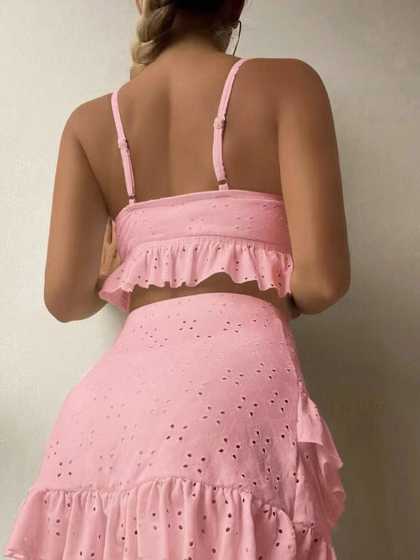 Womens Tie Front With Ruffle Hem Mini Skirt 3 Piece Set SIZE S-XL