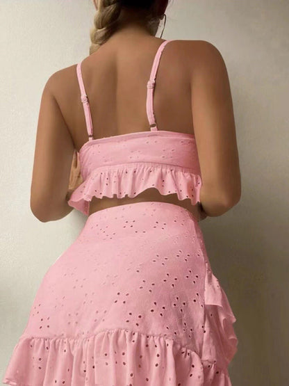 Womens Tie Front With Ruffle Hem Mini Skirt 3 Piece Set SIZE S-XL