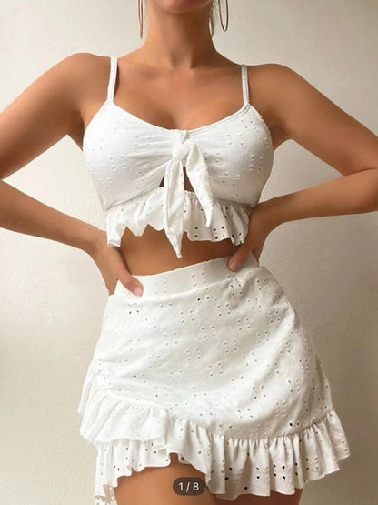 Womens Tie Front With Ruffle Hem Mini Skirt 3 Piece Set SIZE S-XL