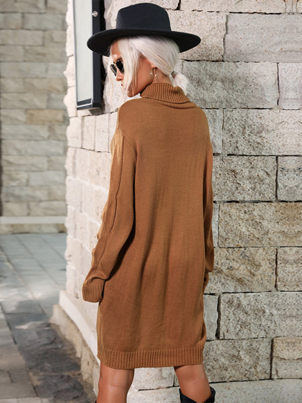 Womens Mid High Collar Solid Color Sweater Dress SIZE S-L