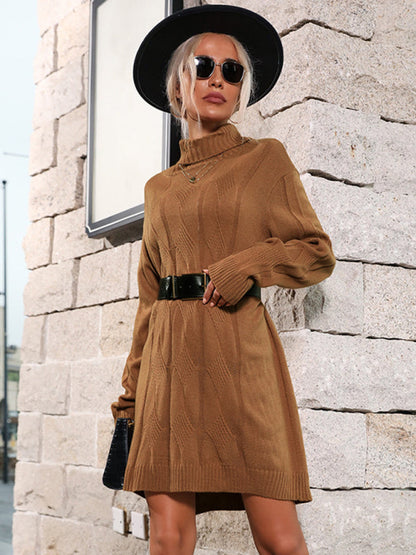 Womens Mid High Collar Solid Color Sweater Dress SIZE S-L