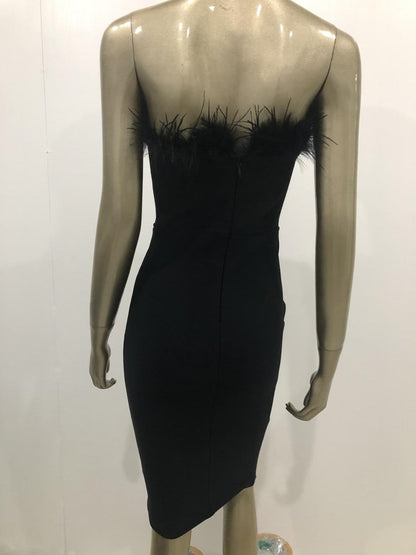 Womens Strapless Backless Feather Bodycon Dress SIZE XS-L